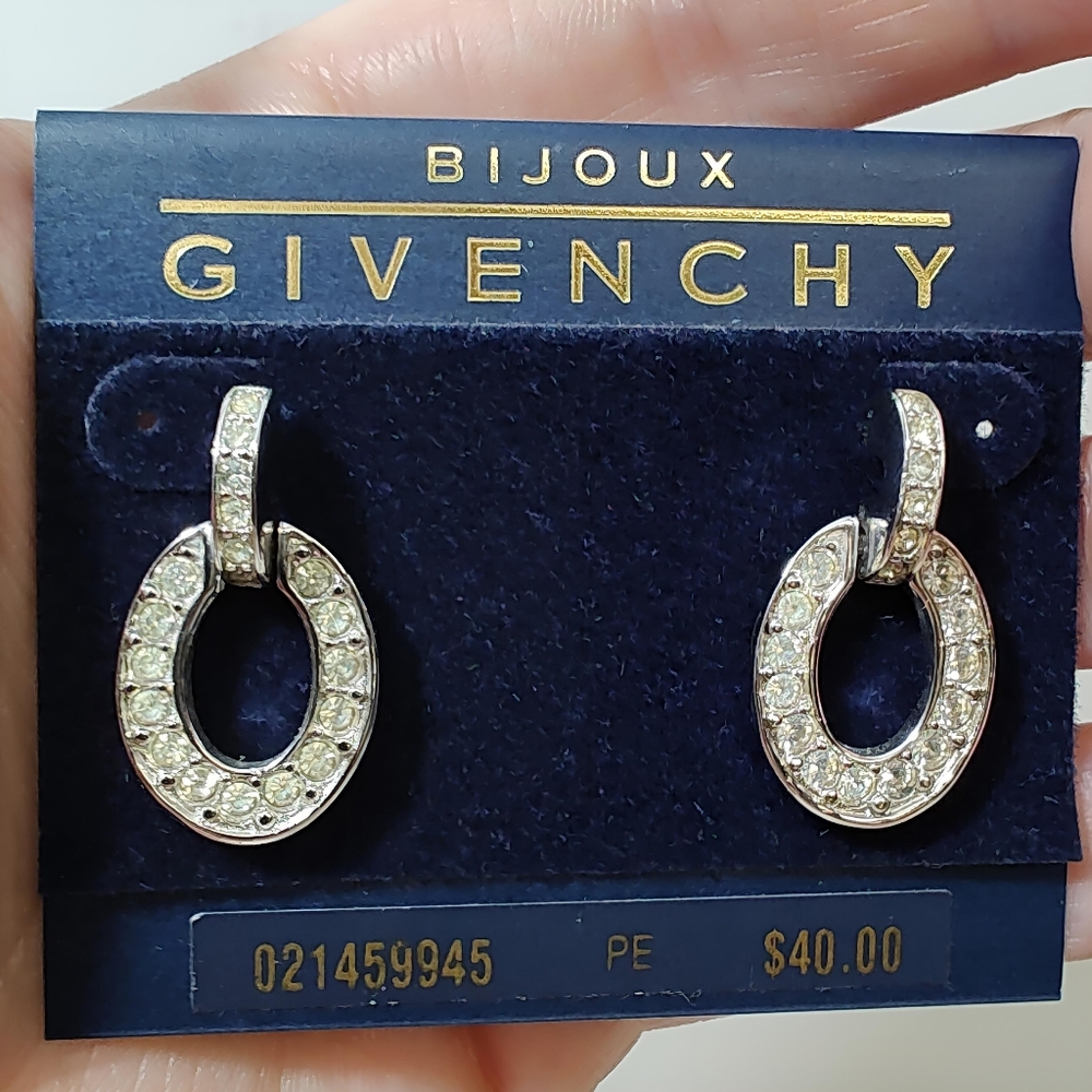 Vintage Bijoux GIVENCHY Silver tone Open Circle Pave Drop Earrings POST BACK NOS - Picture 6 of 6